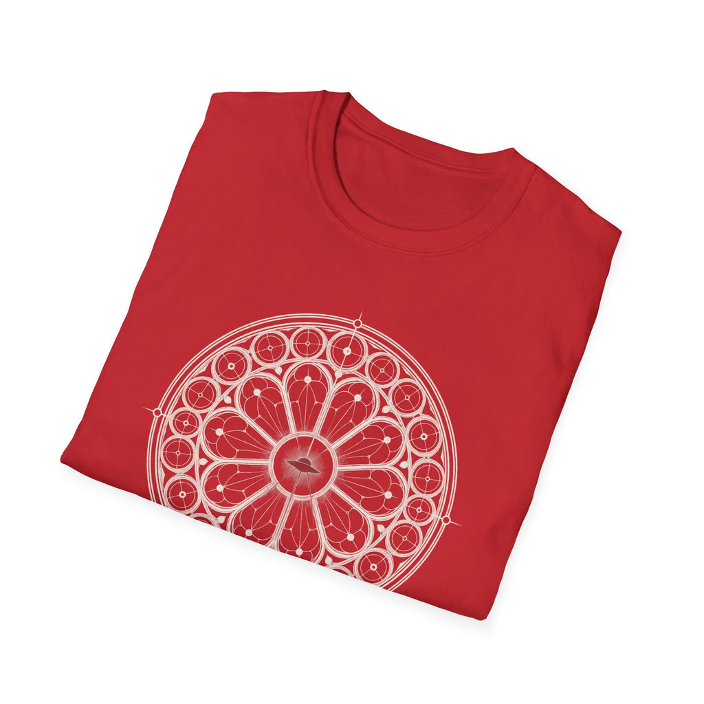Red t-shirt with white Gothic rose window sacred geometry design and UFO silhouette at the centre