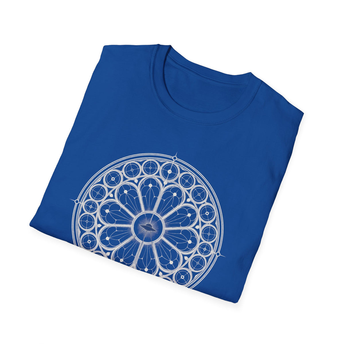 Royal blue t-shirt with white Gothic rose window sacred geometry design and UFO silhouette at the centre