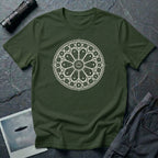 Military green t-shirt with white Gothic rose window sacred geometry design and UFO silhouette at the centre