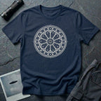 Navy blue t-shirt with white Gothic rose window sacred geometry design and UFO silhouette at the centre
