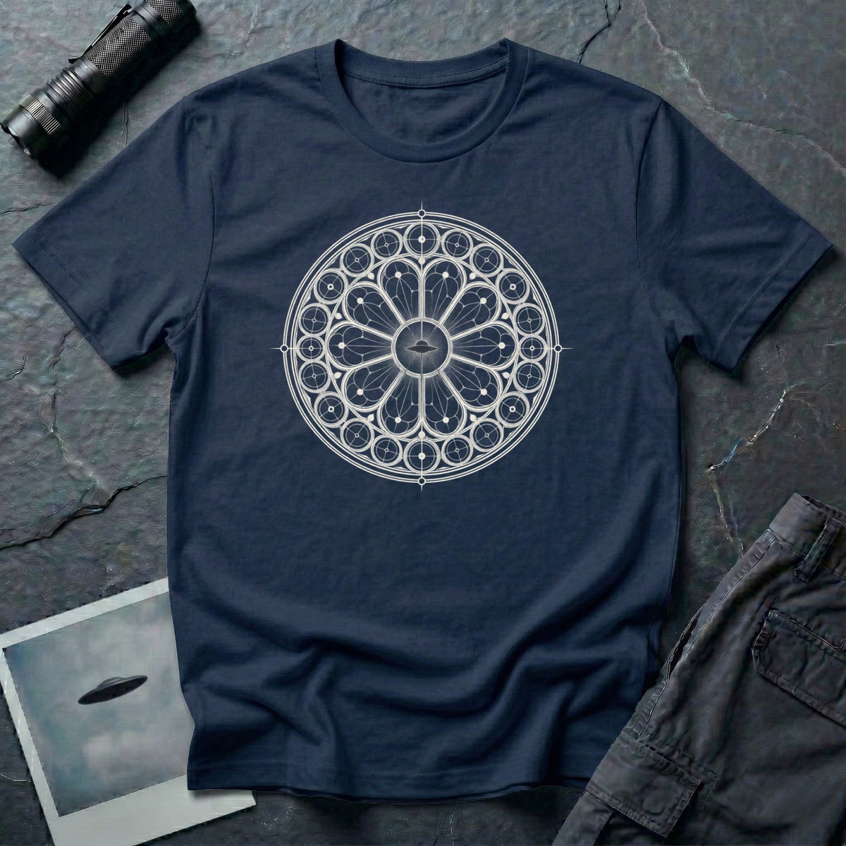 Navy blue t-shirt with white Gothic rose window sacred geometry design and UFO silhouette at the centre