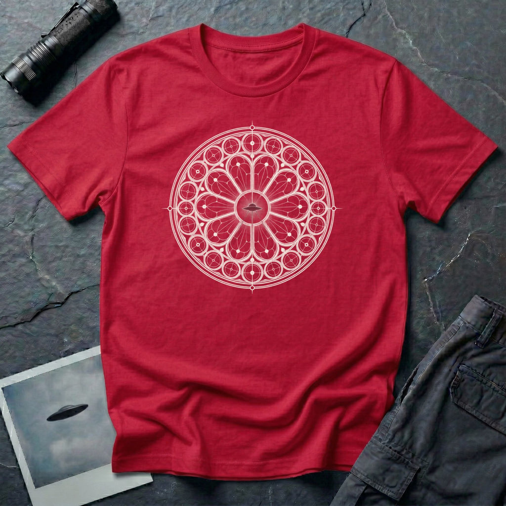 Red t-shirt with white Gothic rose window sacred geometry design and UFO silhouette at the centre