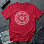 Red t-shirt with white Gothic rose window sacred geometry design and UFO silhouette at the centre