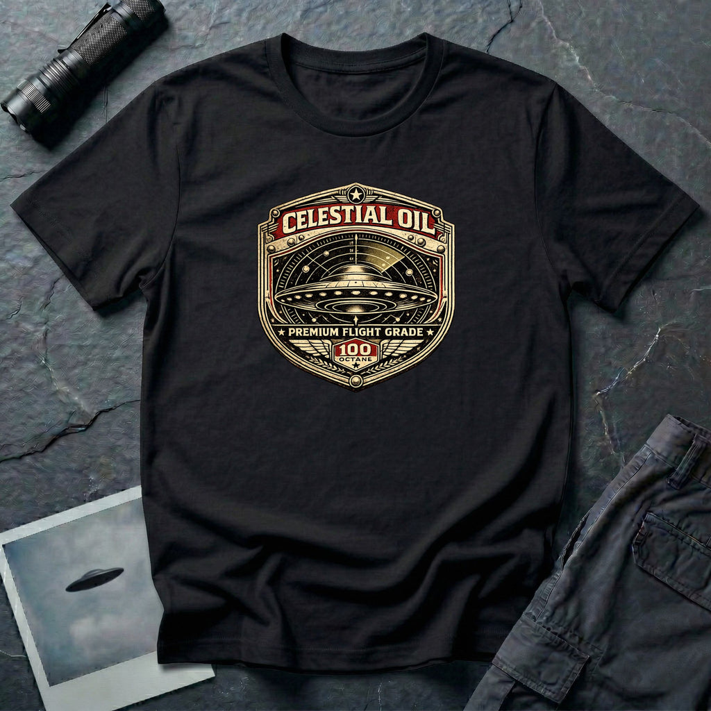 Celestial Oil UFO patch t-shirt with saucer on vintage motor oil label badge, black