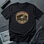Celestial Oil UFO patch t-shirt with saucer on vintage motor oil label badge, black
