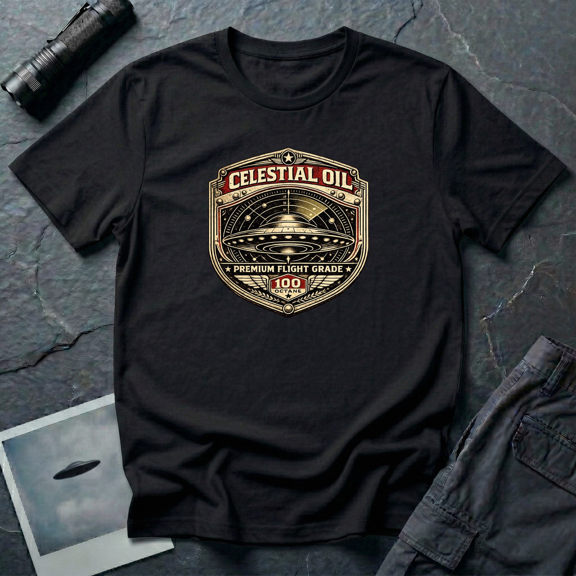 Celestial Oil UFO patch t-shirt with saucer on vintage motor oil label badge, black