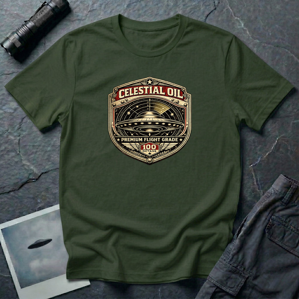 Celestial Oil UFO patch t-shirt with saucer on vintage motor oil label badge, military green