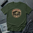 Celestial Oil UFO patch t-shirt with saucer on vintage motor oil label badge, military green