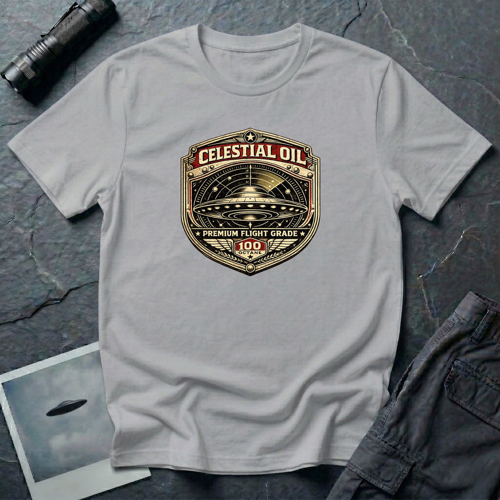 Celestial Oil UFO patch t-shirt with saucer on vintage motor oil label badge, grey