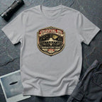 Celestial Oil UFO patch t-shirt with saucer on vintage motor oil label badge, grey