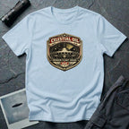 Celestial Oil UFO patch t-shirt with saucer on vintage motor oil label badge, light blue