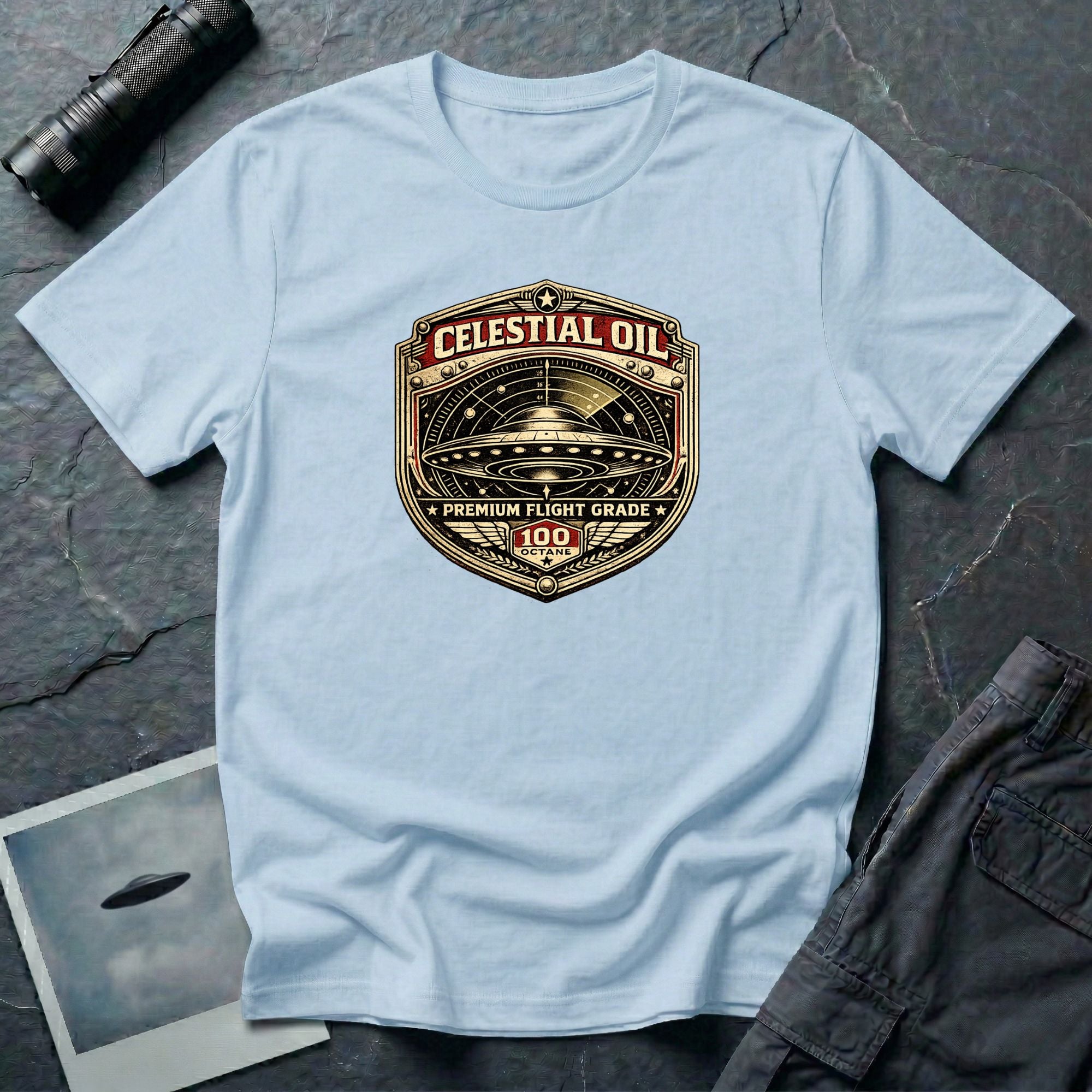 Celestial Oil UFO patch t-shirt with saucer on vintage motor oil label badge, light blue