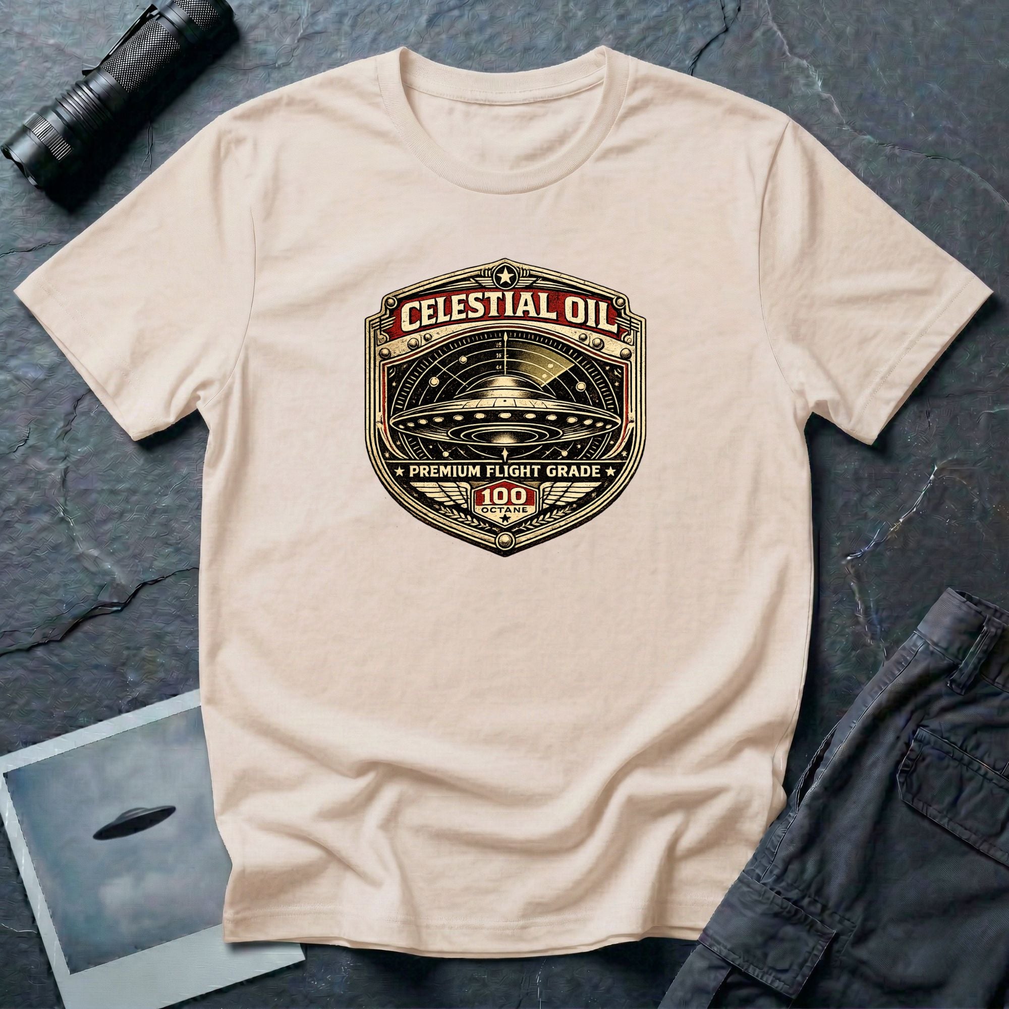 Celestial Oil UFO patch t-shirt with saucer on vintage motor oil label badge, natural