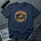 Celestial Oil UFO patch t-shirt with saucer on vintage motor oil label badge, navy blue