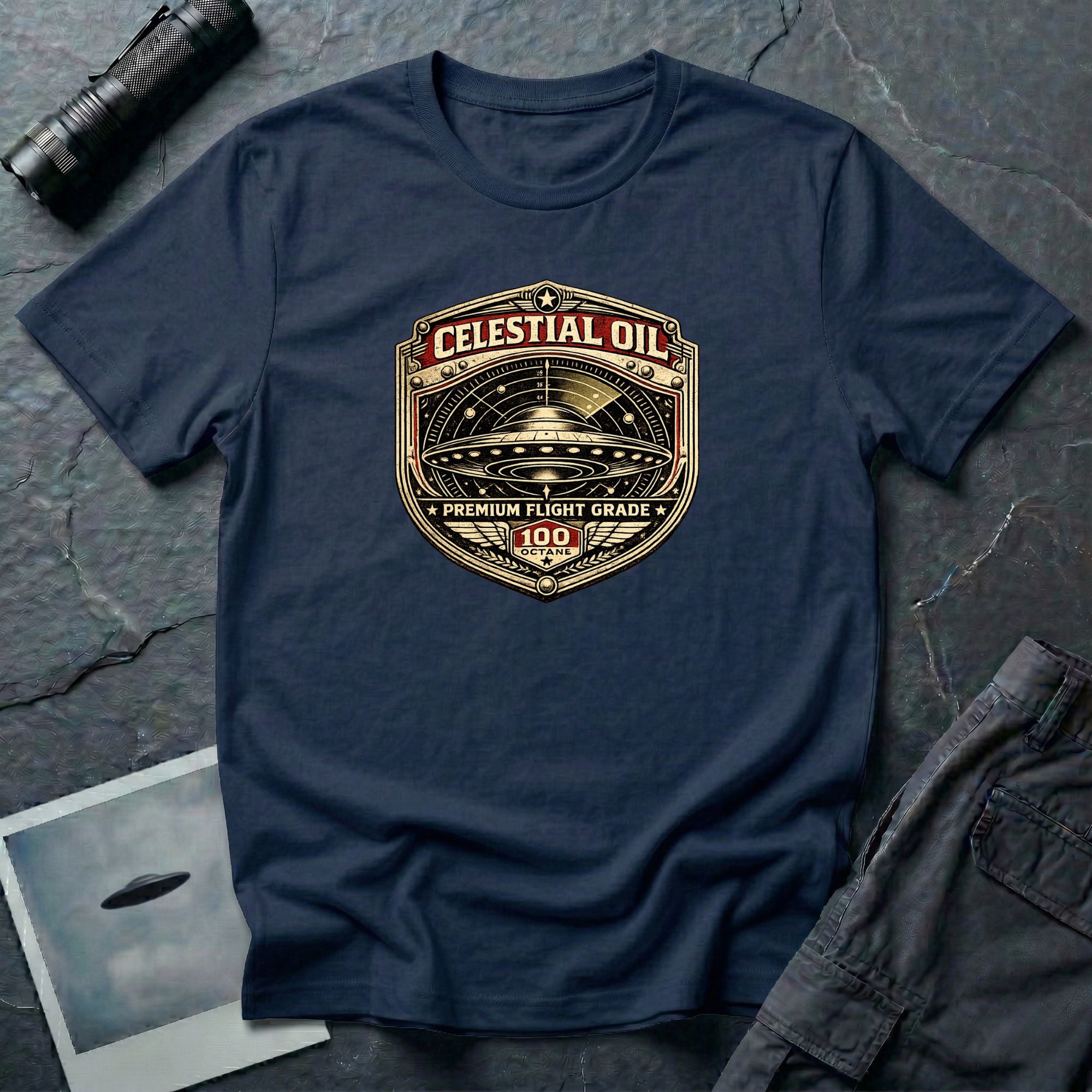 Celestial Oil UFO patch t-shirt with saucer on vintage motor oil label badge, navy blue