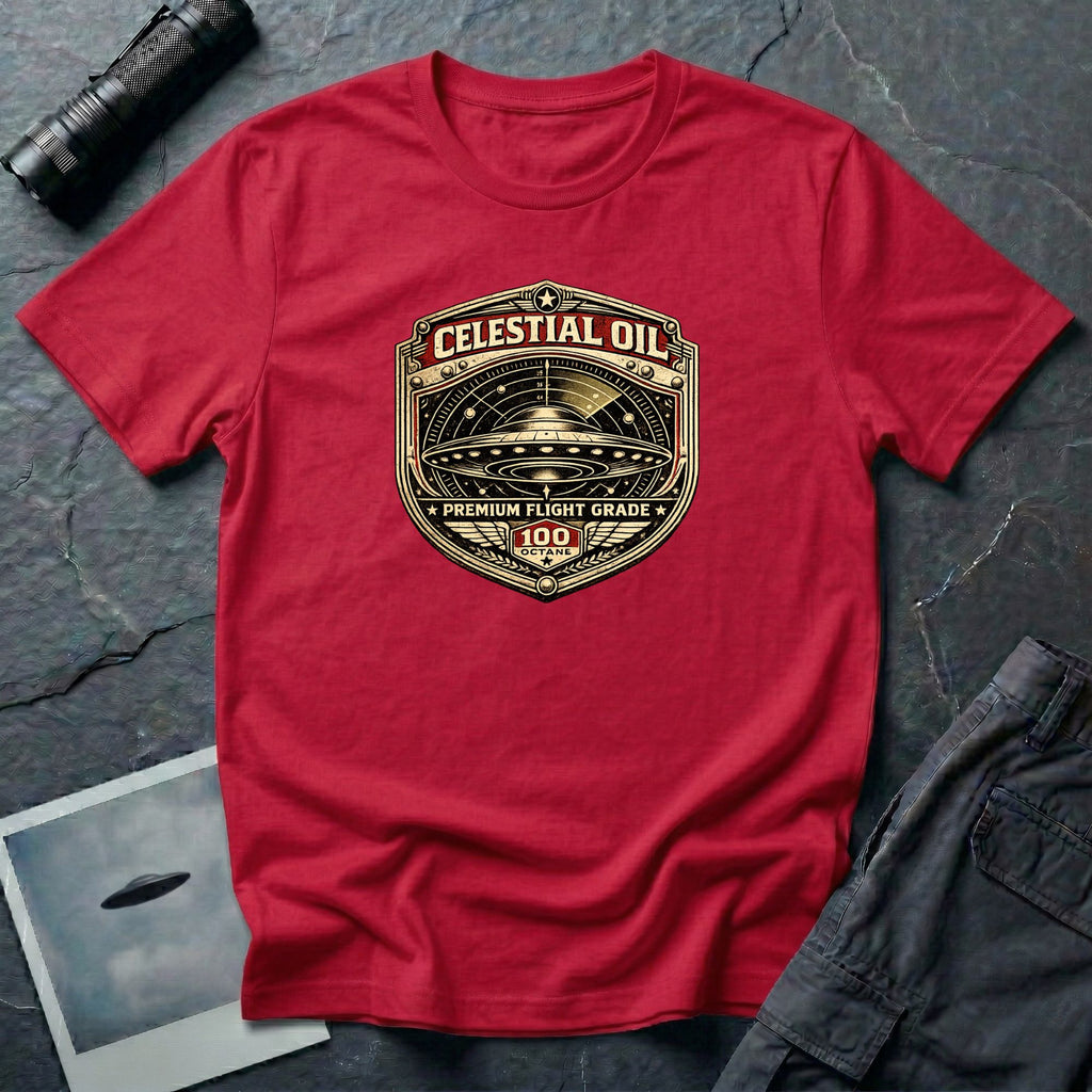 Celestial Oil UFO patch t-shirt with saucer on vintage motor oil label badge, red