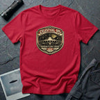 Celestial Oil UFO patch t-shirt with saucer on vintage motor oil label badge, red
