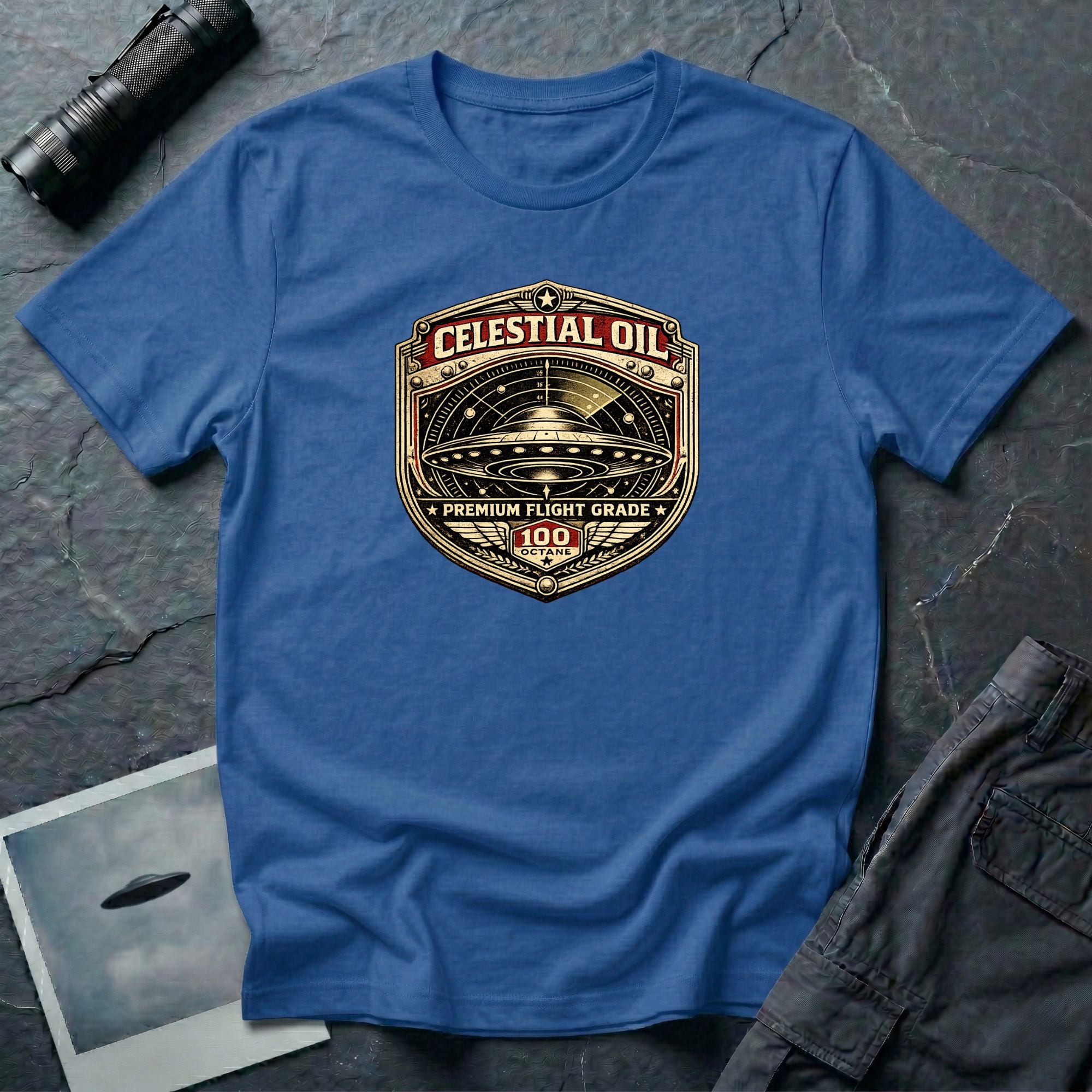 Celestial Oil UFO patch t-shirt with saucer on vintage motor oil label badge, royal blue