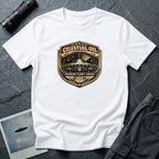 Celestial Oil UFO patch t-shirt with saucer on vintage motor oil label badge, white