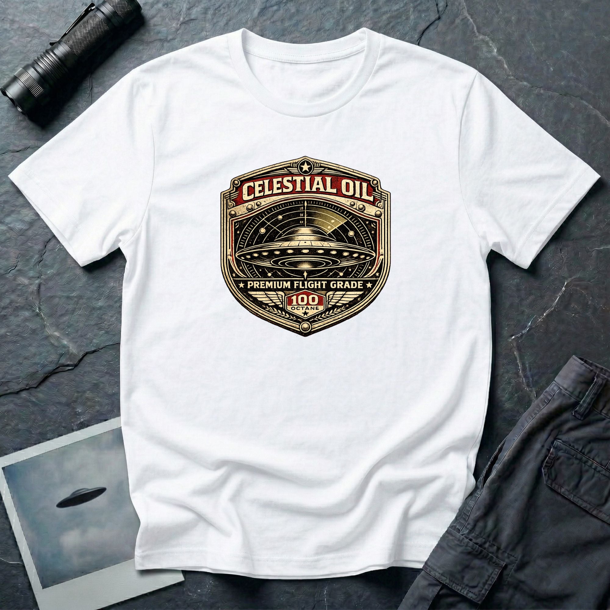 Celestial Oil UFO patch t-shirt with saucer on vintage motor oil label badge, white