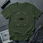 Military green UAP t-shirt with a flying saucer inside a military radar targeting interface showing Los Angeles coordinates, altitude, and speed data with the word CONTACT