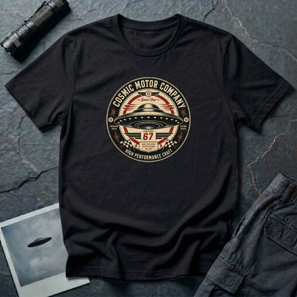 Cosmic Motor Company UFO patch t-shirt with saucer in vintage speed shop racing badge, black