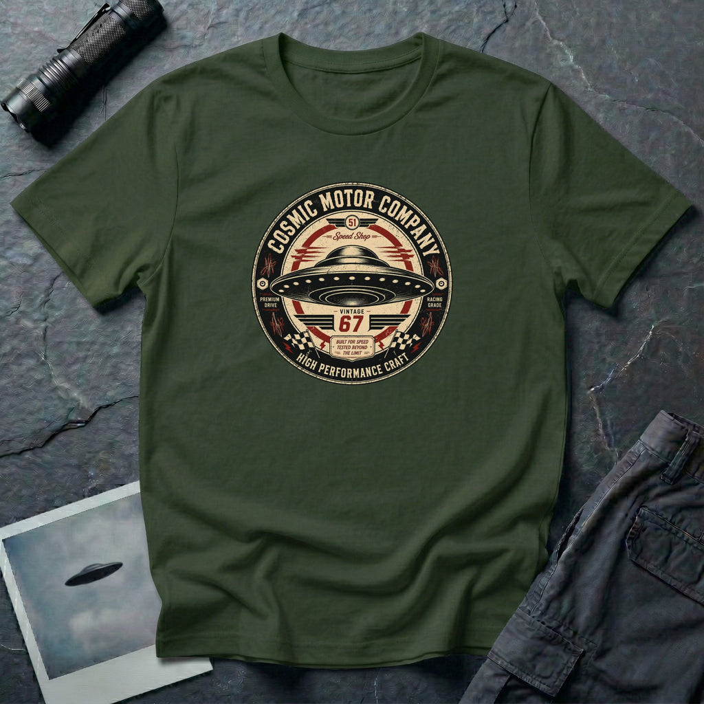 Cosmic Motor Company UFO patch t-shirt with saucer in vintage speed shop racing badge, military green