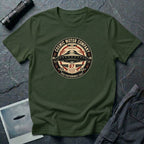 Cosmic Motor Company UFO patch t-shirt with saucer in vintage speed shop racing badge, military green