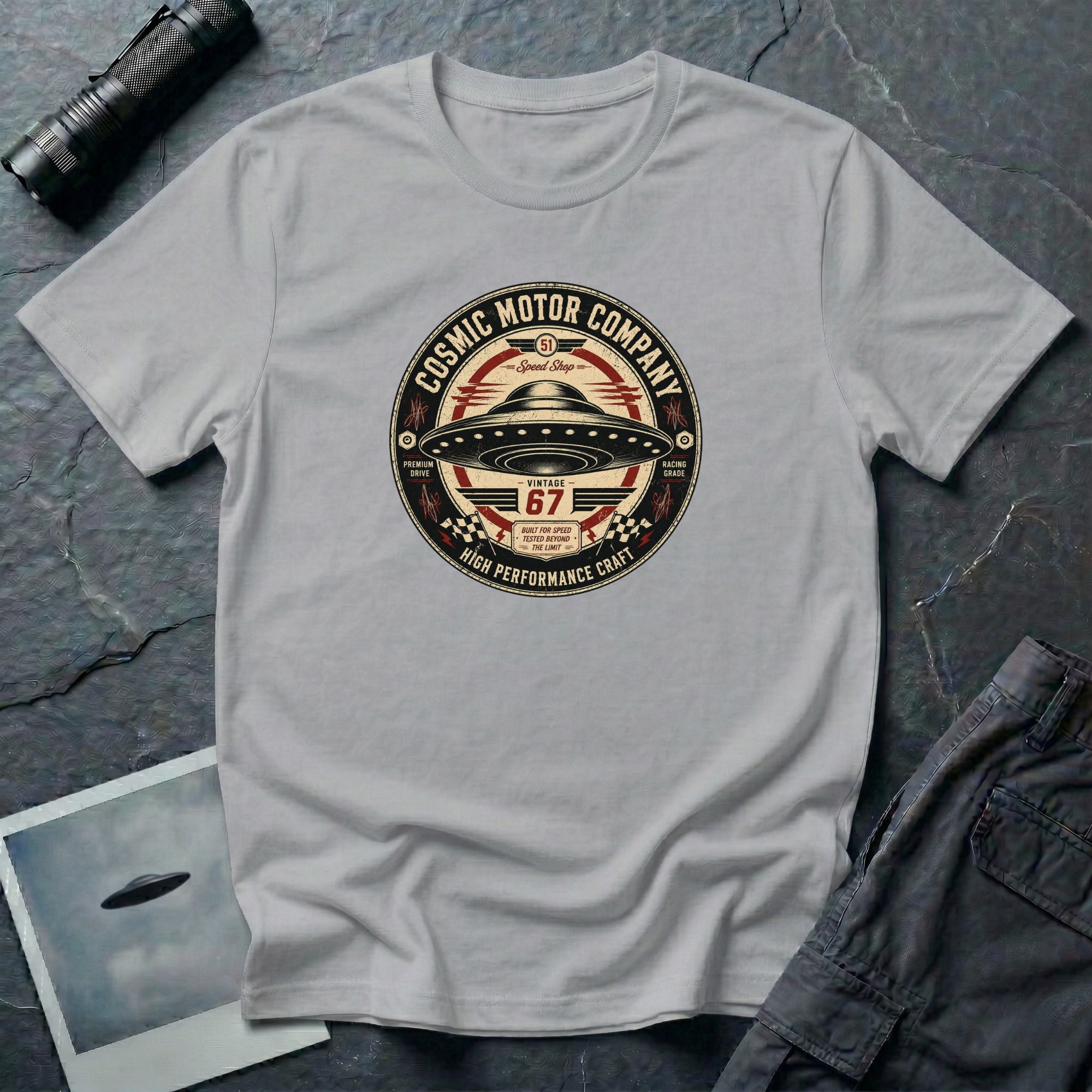 Cosmic Motor Company UFO patch t-shirt with saucer in vintage speed shop racing badge, grey