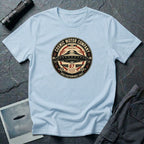 Cosmic Motor Company UFO patch t-shirt with saucer in vintage speed shop racing badge, light blue