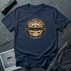 Cosmic Motor Company UFO patch t-shirt with saucer in vintage speed shop racing badge, navy blue
