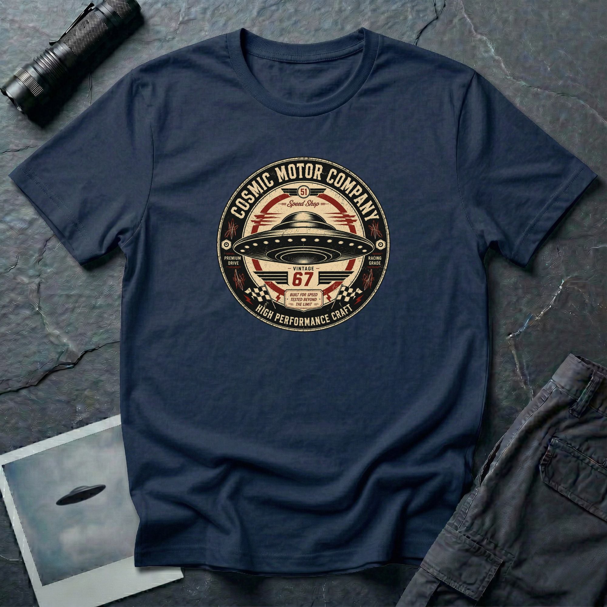 Cosmic Motor Company UFO patch t-shirt with saucer in vintage speed shop racing badge, navy blue