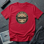 Cosmic Motor Company UFO patch t-shirt with saucer in vintage speed shop racing badge, red