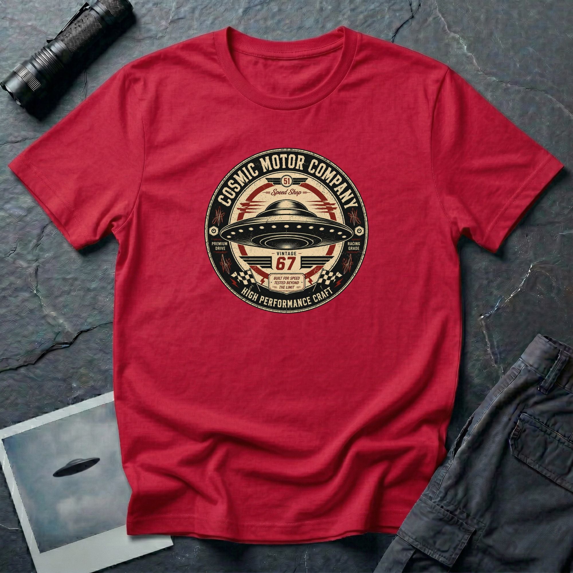 Cosmic Motor Company UFO patch t-shirt with saucer in vintage speed shop racing badge, red