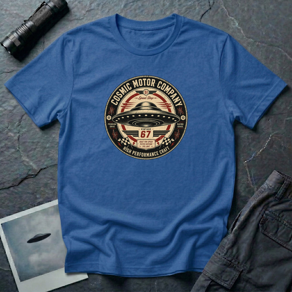 Cosmic Motor Company UFO patch t-shirt with saucer in vintage speed shop racing badge, royal blue