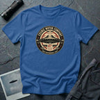 Cosmic Motor Company UFO patch t-shirt with saucer in vintage speed shop racing badge, royal blue