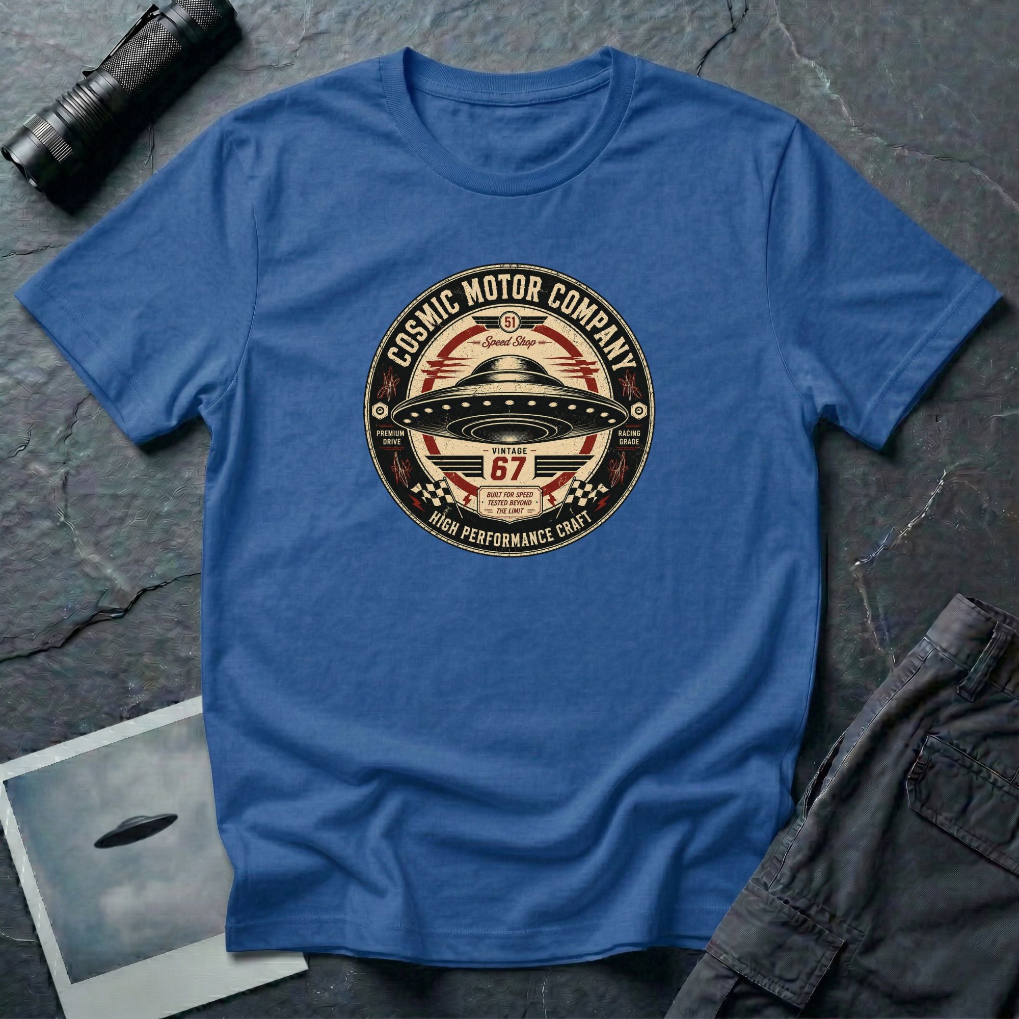 Cosmic Motor Company UFO patch t-shirt with saucer in vintage speed shop racing badge, royal blue