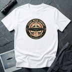 Cosmic Motor Company UFO patch t-shirt with saucer in vintage speed shop racing badge, white