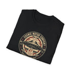 Cosmic Motor Company UFO patch t-shirt with saucer in vintage speed shop racing badge, folded, black