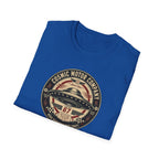 Cosmic Motor Company UFO patch t-shirt with saucer in vintage speed shop racing badge, folded, royal blue