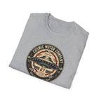 Cosmic Motor Company UFO patch t-shirt with saucer in vintage speed shop racing badge, folded, grey