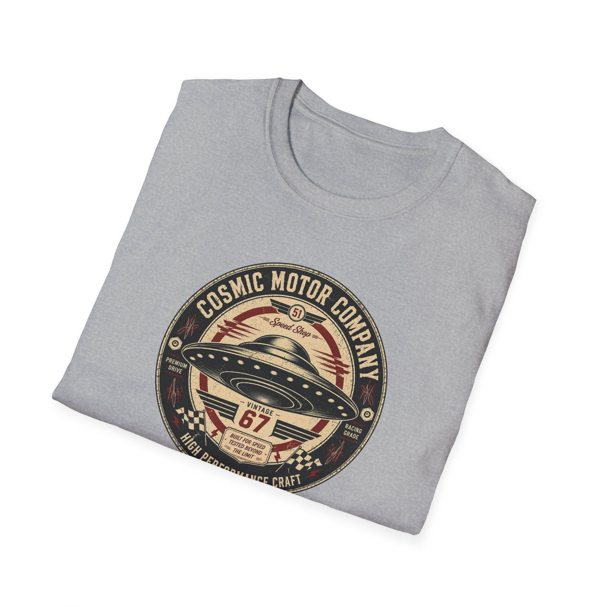 Cosmic Motor Company UFO patch t-shirt with saucer in vintage speed shop racing badge, folded, grey