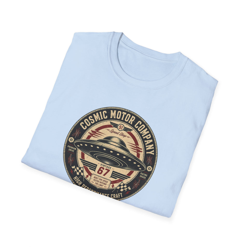 Cosmic Motor Company UFO patch t-shirt with saucer in vintage speed shop racing badge, folded, light blue