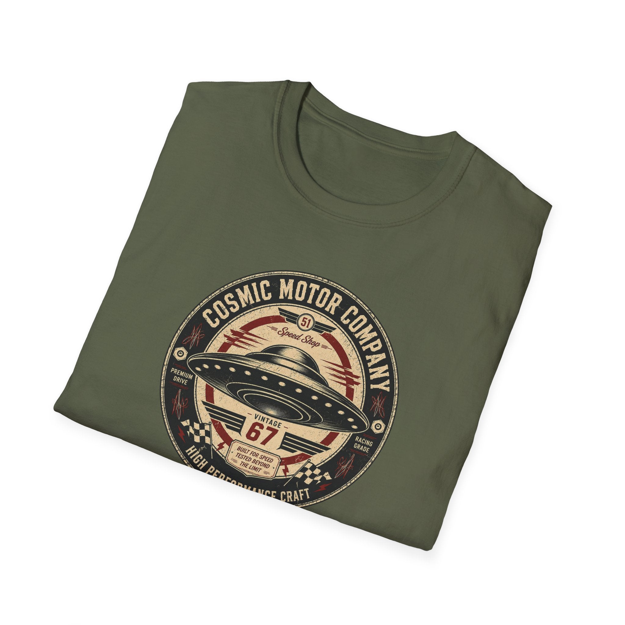 Cosmic Motor Company UFO patch t-shirt with saucer in vintage speed shop racing badge, folded, green