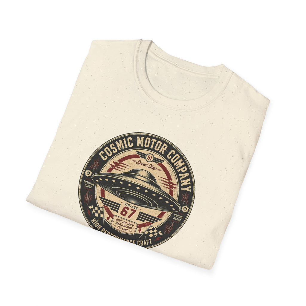 Cosmic Motor Company UFO patch t-shirt with saucer in vintage speed shop racing badge, folded, natural