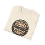 Cosmic Motor Company UFO patch t-shirt with saucer in vintage speed shop racing badge, folded, natural