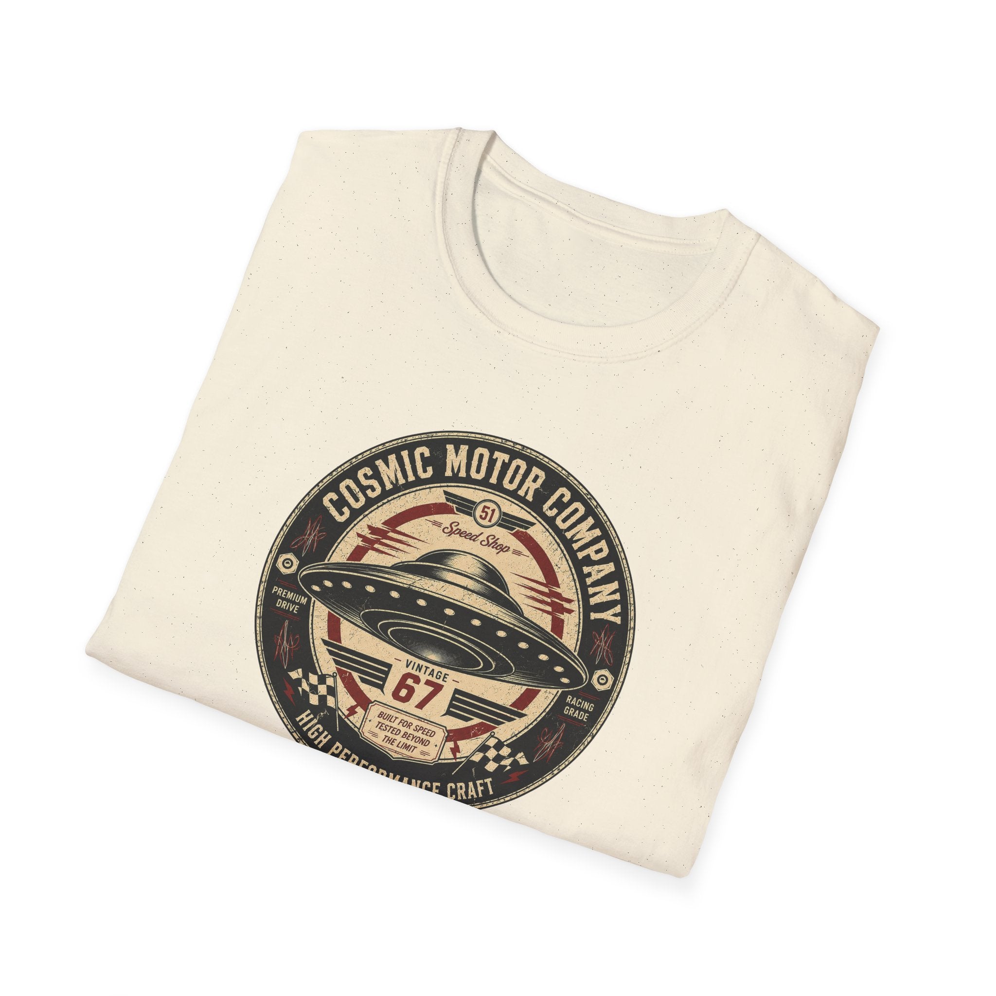 Cosmic Motor Company UFO patch t-shirt with saucer in vintage speed shop racing badge, folded, natural