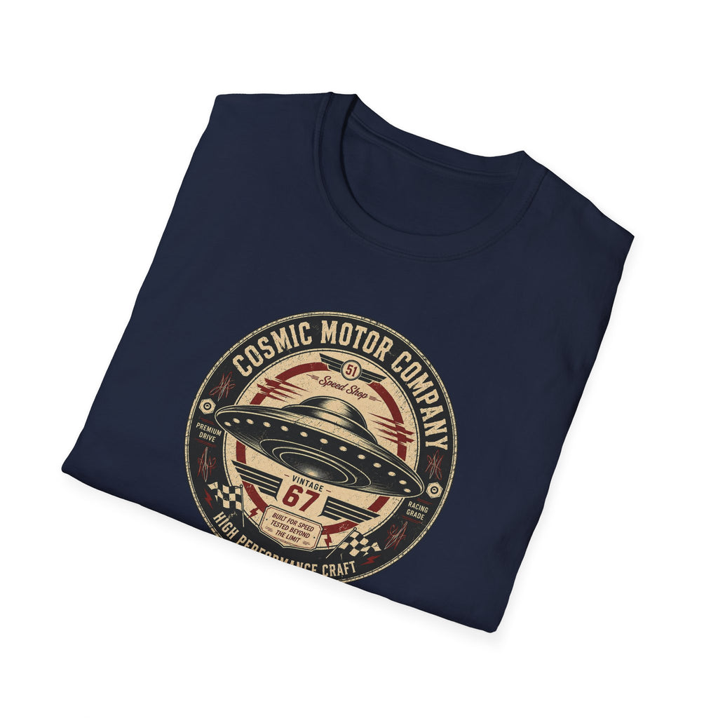Cosmic Motor Company UFO patch t-shirt with saucer in vintage speed shop racing badge, folded, navy blue