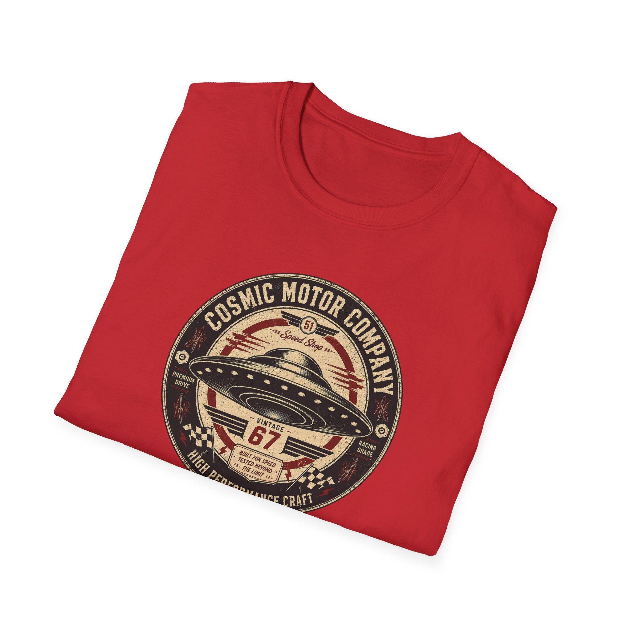 Cosmic Motor Company UFO patch t-shirt with saucer in vintage speed shop racing badge, folded, red
