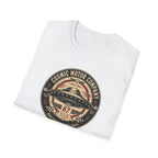 Cosmic Motor Company UFO patch t-shirt with saucer in vintage speed shop racing badge, folded, white